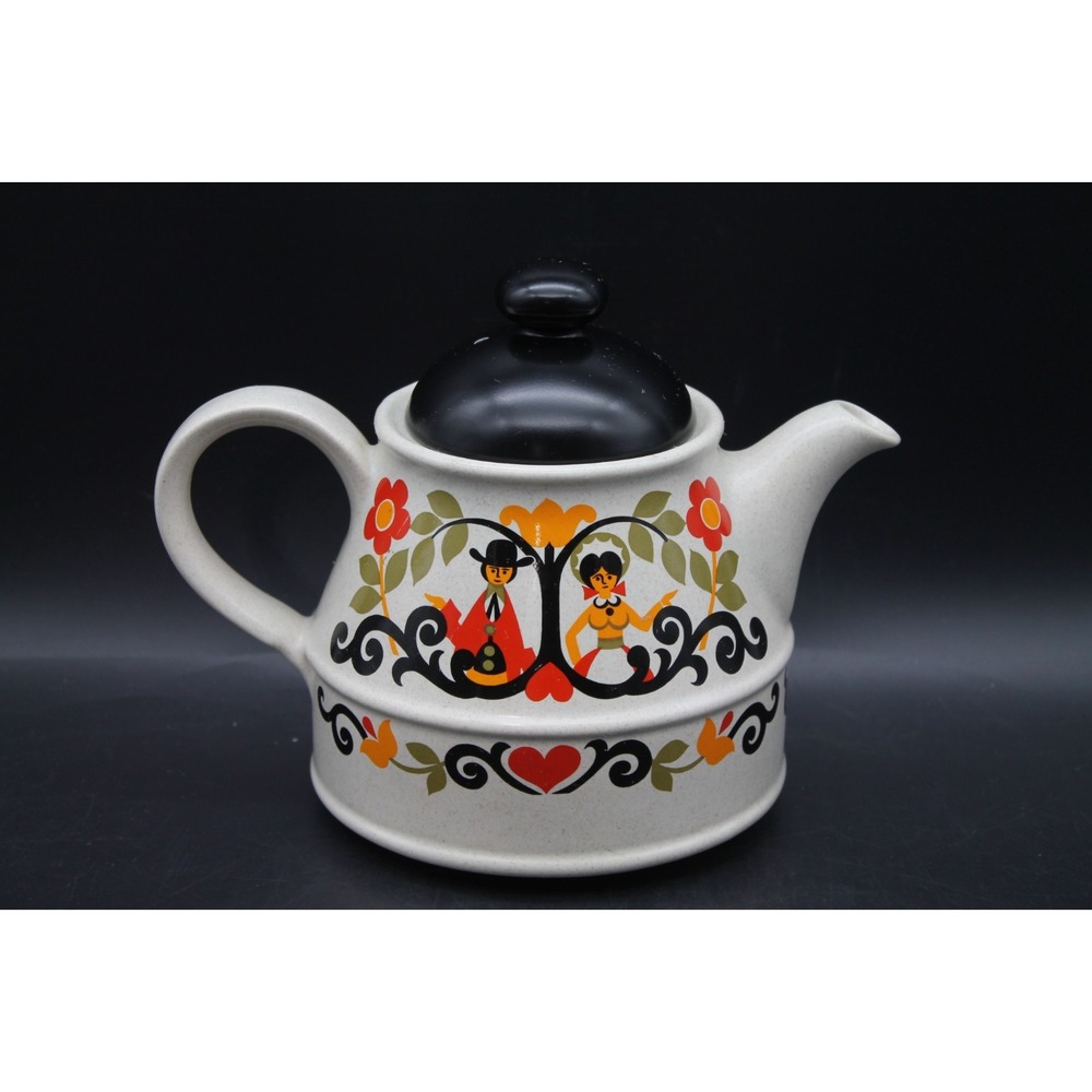 Vintage Sadler England Folk Art Teapot Retro 1970s Floral Couple Black Lid